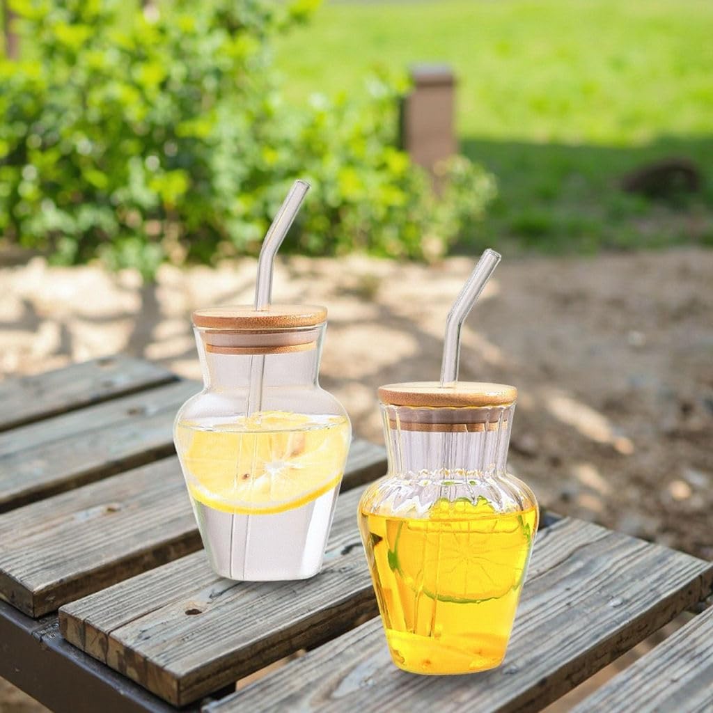 Juice & Water Sipper with Bamboo Lid and Straw, 440 ML, Set of 1, Glass Tumbler for Milkshakes, Coffee, Falooda and Mix Drink, Drinking Jar for Home, Office, Restaurant