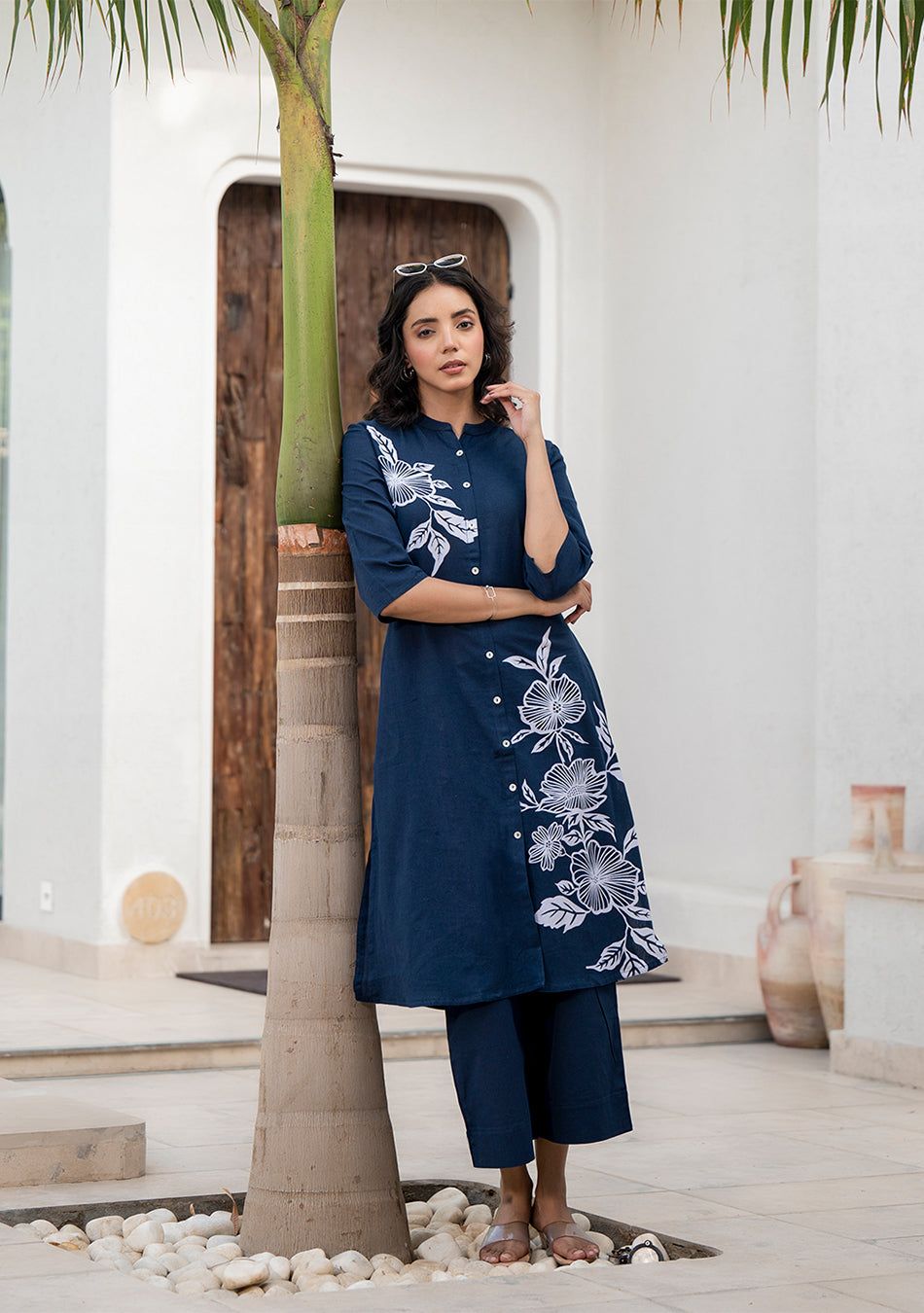 Navy Blue Floral Pattern Kurta pant Set-S