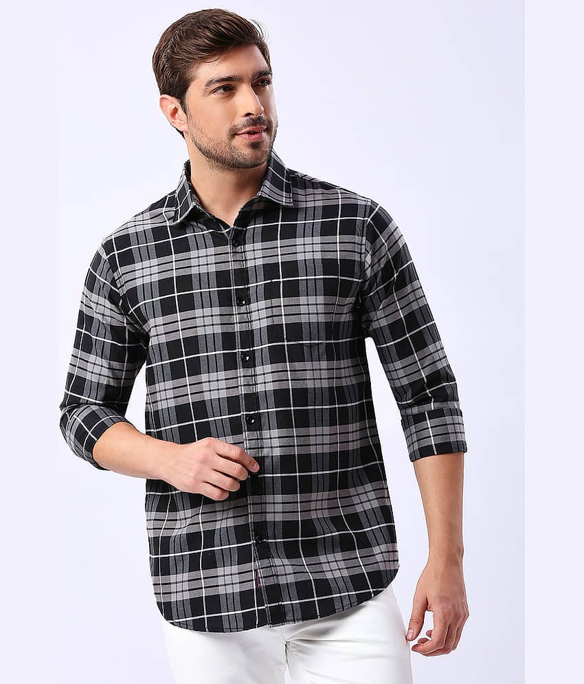 HJ HASASI 100% Cotton Slim Fit Checks Full Sleeves Men's Casual Shirt - Black ( Pack of 1 )