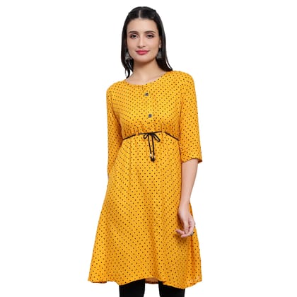 MRS RIGHT RAYON PRINTED YELLOW FLARED KURTA