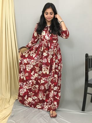 Marigold Flower - Red - Maternity Kurti with Feeding Zips - Soft Rayon-36 - 38 ( S - M )