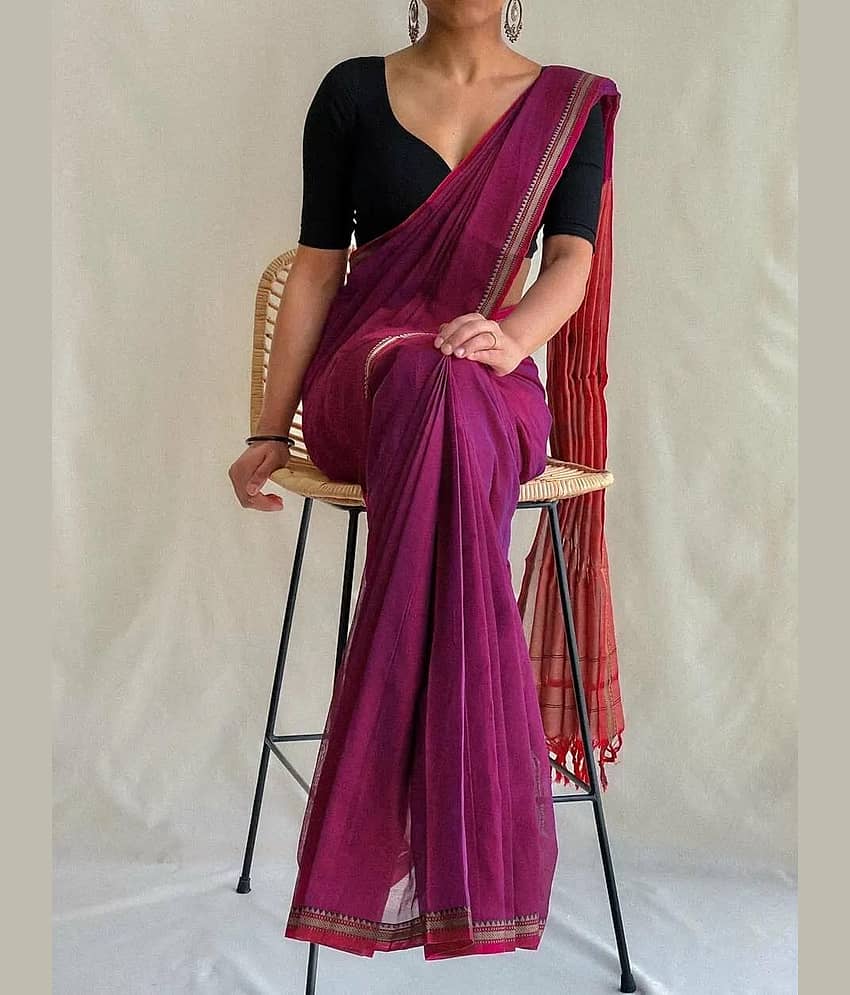 SARADA HANDLOOM Cotton Solid Saree With Unstitched Blouse Piece ( Maroon )