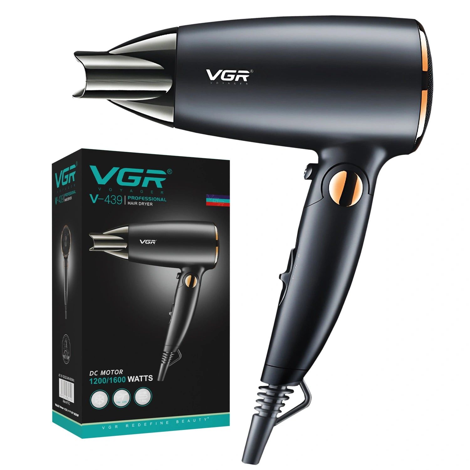 VGR V-439 Foldable Hair Dryer For Unisex, Black