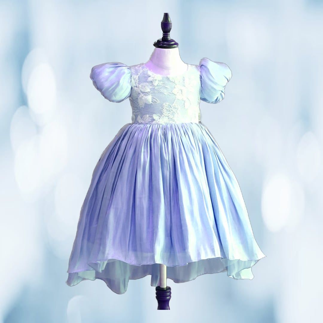 Girls' Pastel Blue Puff Sleeve Party Dress | Floral Lace Bodice | Festive Occasion