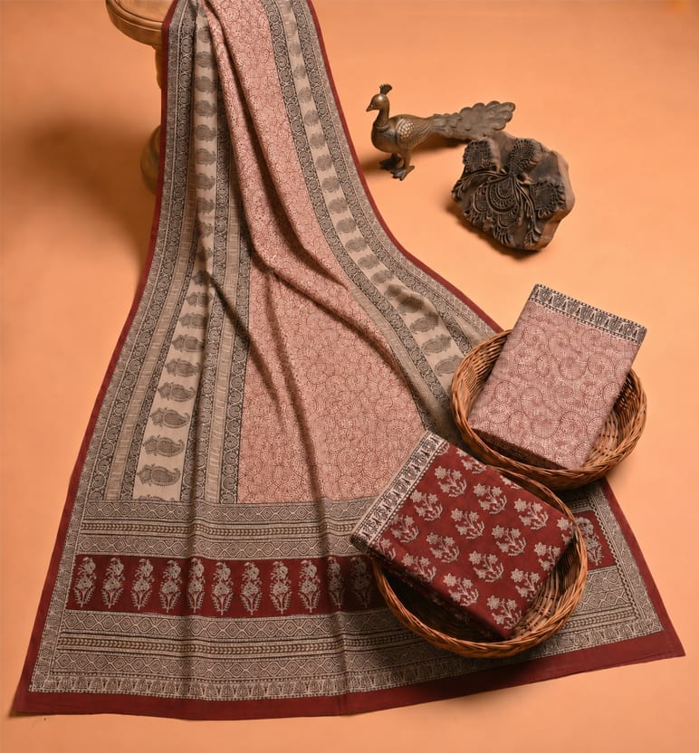 Handcrafted Bagh Print Cotton 3 Piece Suit Set 