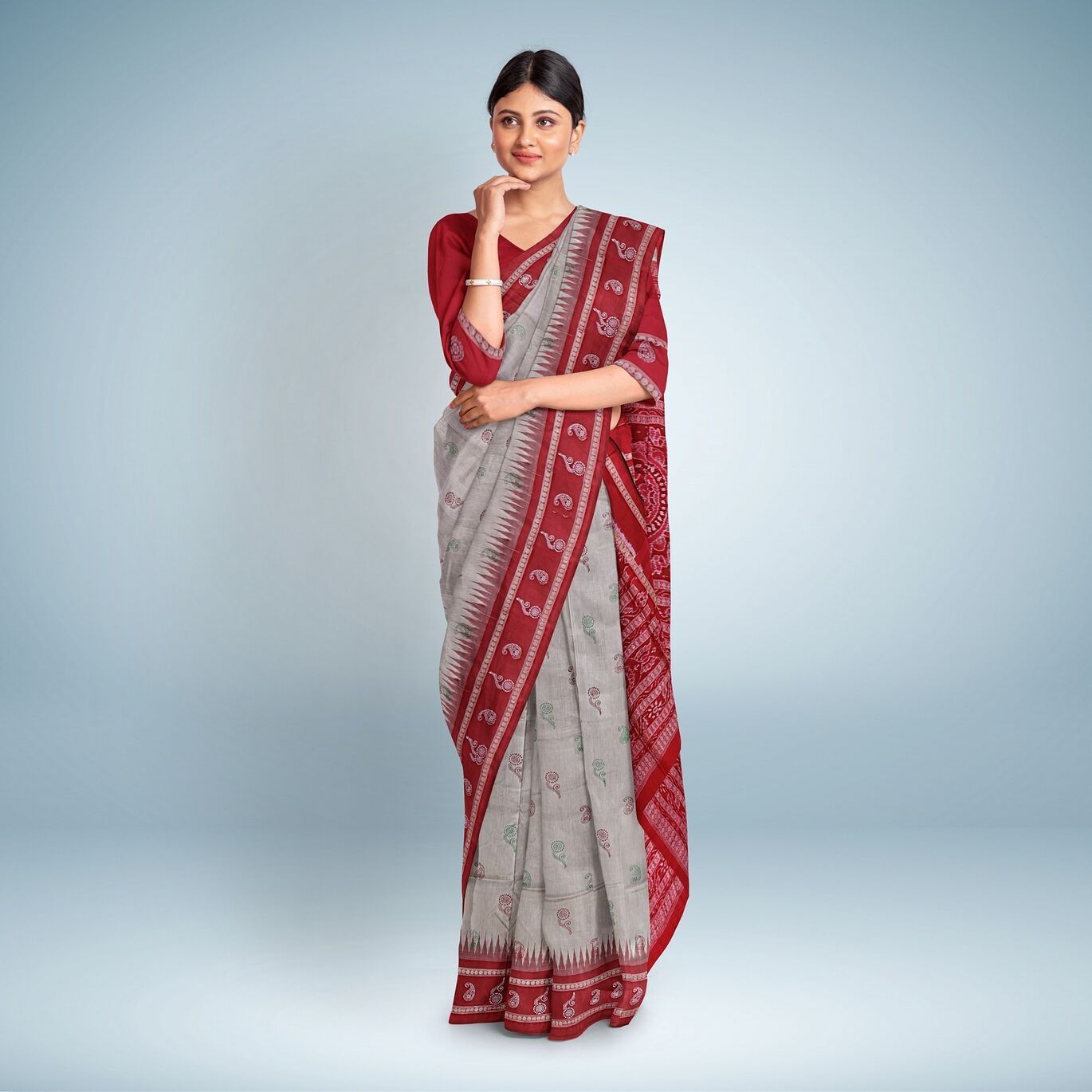American Silver Temple Border Bomkai Silk Saree