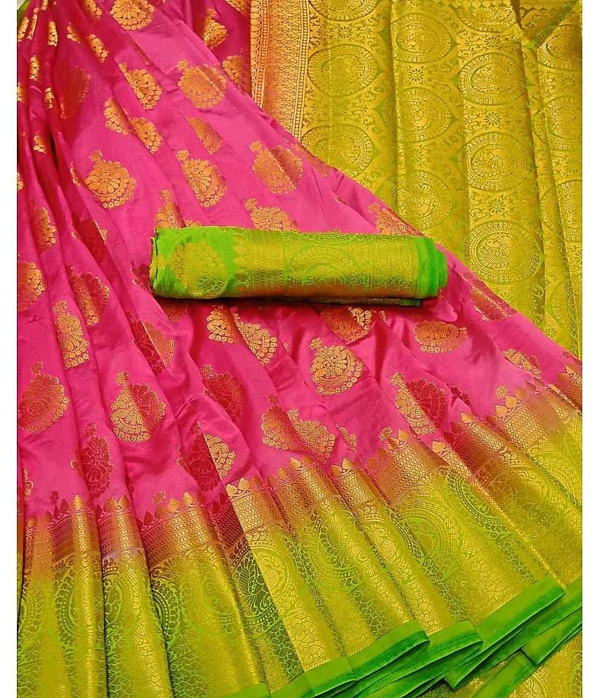 fab woven Art Silk Self Design Saree With Unstitched Blouse Piece ( Pink )