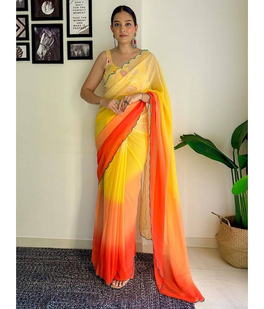 JULEE Georgette Solid Saree With Unstitched Blouse Piece ( Yellow )
