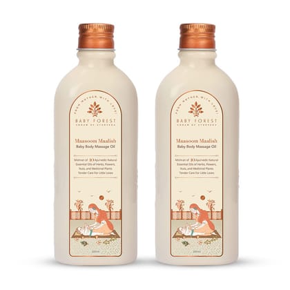 Baby Forest Maasoom Maalish Baby Body Massage Oil|10 Ayurvedic Essential Oils | Strengthens Muscles,Bones & Joints|Rosemary & Sesame Oil |Cruelty-free|Plant-based Formulation | Pack of 2 x 200 ml