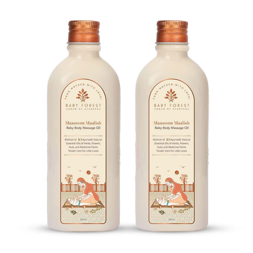 Baby Forest Maasoom Maalish Baby Body Massage Oil|10 Ayurvedic Essential Oils | Strengthens Muscles,Bones & Joints|Rosemary & Sesame Oil |Cruelty-free|Plant-based Formulation | Pack of 2 x 200 ml