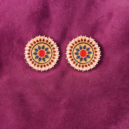 Gold-Plated Ethnic Round Stud Earrings with Red and Blue