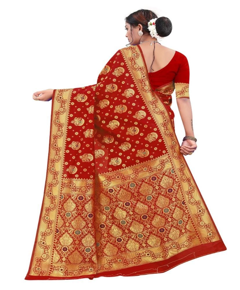 Women's Banarasi Silk Designer Weaving Saree with Unstitched Blouse (Red, 5.50 Mtrs)