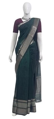 Mangalgiri Bottle Green Silk Cotton Saree Zari Stripes