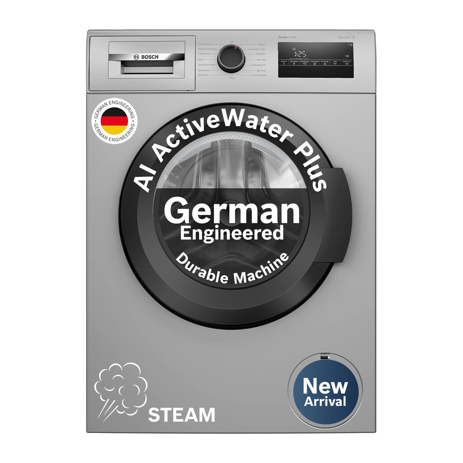 Bosch 7 kg 5 Star Front Load Fully-Automatic Washing Machine, Antibacterial Tech, AI ActiveWater, 15 Wash Programs, 53L Large Drum, SoftCare Paddle, Silver, WAJ24266IN (2026 Model) Bosch 7 kg 5 Star Front Load Fully-Automatic Washing Machine, Antibacteri
