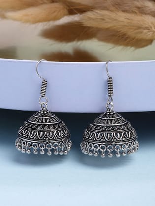 NVR Women's Silver Plated Oxidized German Silver Jhumka Earrings-One Size / Silver / German Silver