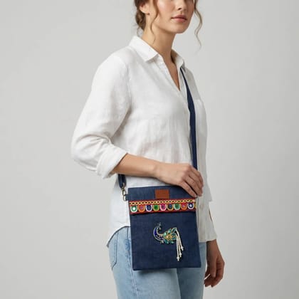 Navy Blue Handcrafted Blue Sling Bag With Embroidery And Peacock Design 24x20x6 Cm