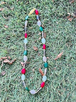 Handcrafted Multi-Gemstone Beaded Necklace, Green, Red, Gray, Mint with Gold Accents, Oval Stone Design