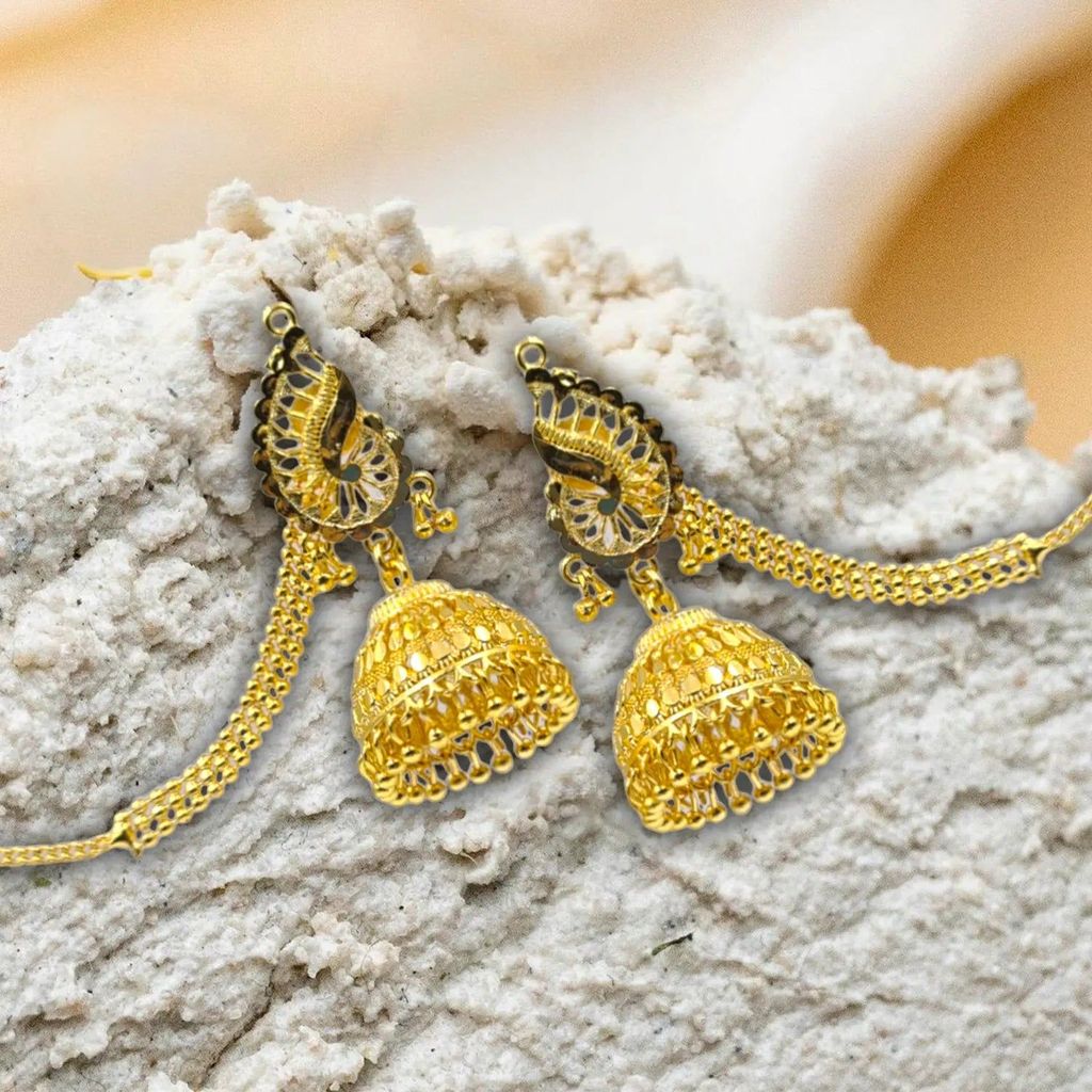 Gold Plated Jhumka Earrings with Hair Chain – Bridal & Ethnic Jewelry