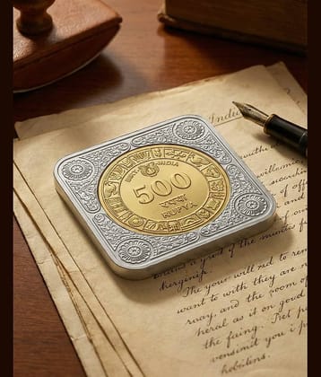 Premium Gold & Silver Plated 500 Rupya Coin Bar Showpiece | Square Collectible Paperweight | Decorative Desk & Home decor Gift 55gm