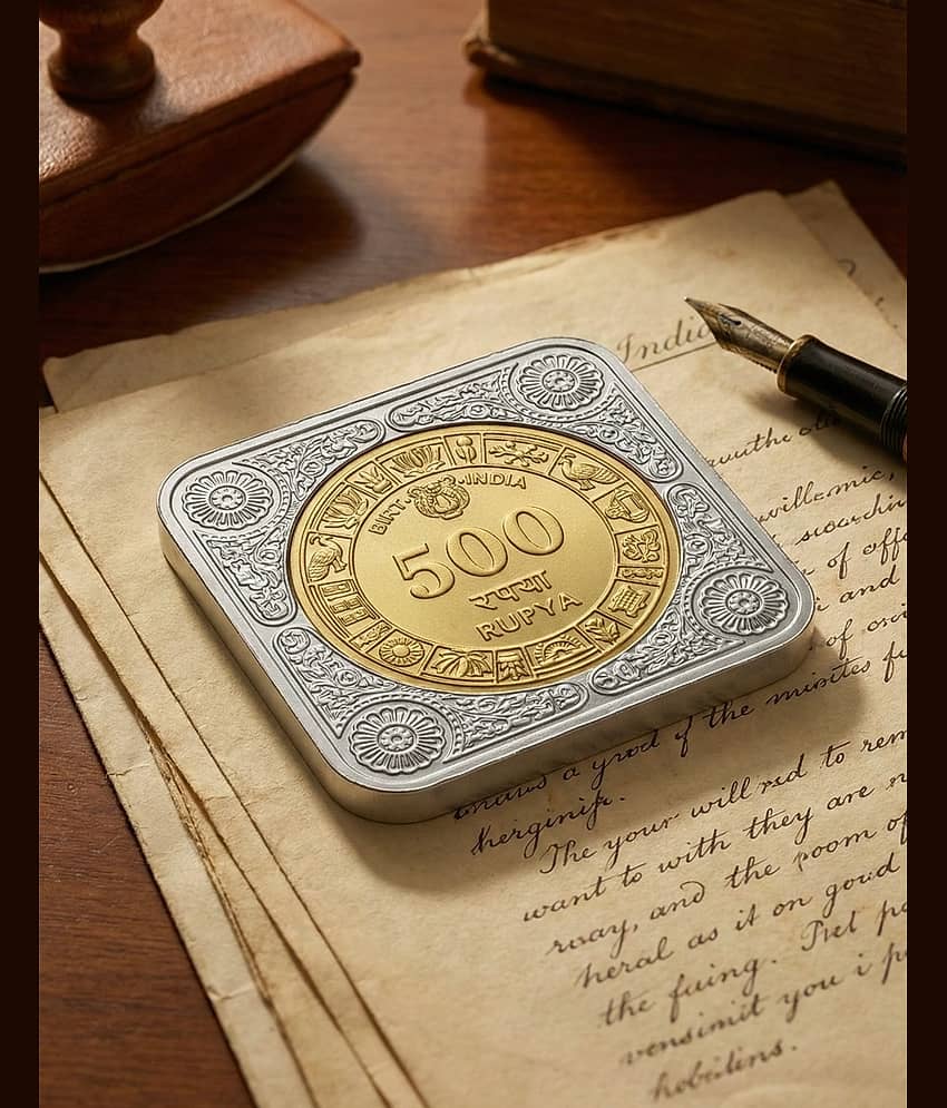 Premium Gold & Silver Plated 500 Rupya Coin Bar Showpiece | Square Collectible Paperweight | Decorative Desk & Home decor Gift 55gm