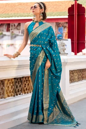 Adriatic Blue Zari Woven Banarasi Satin Silk Saree