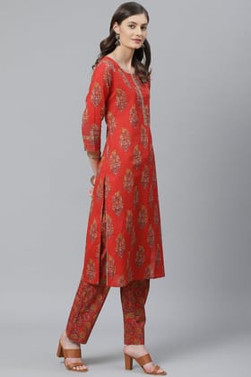 Plus Size Red Floral Printed Polyester Straight Suit Set PKSKD1067