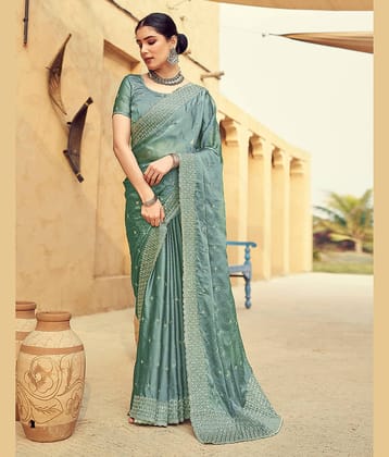 Satrani Georgette Embroidered Saree With Unstitched Blouse Piece ( Green )