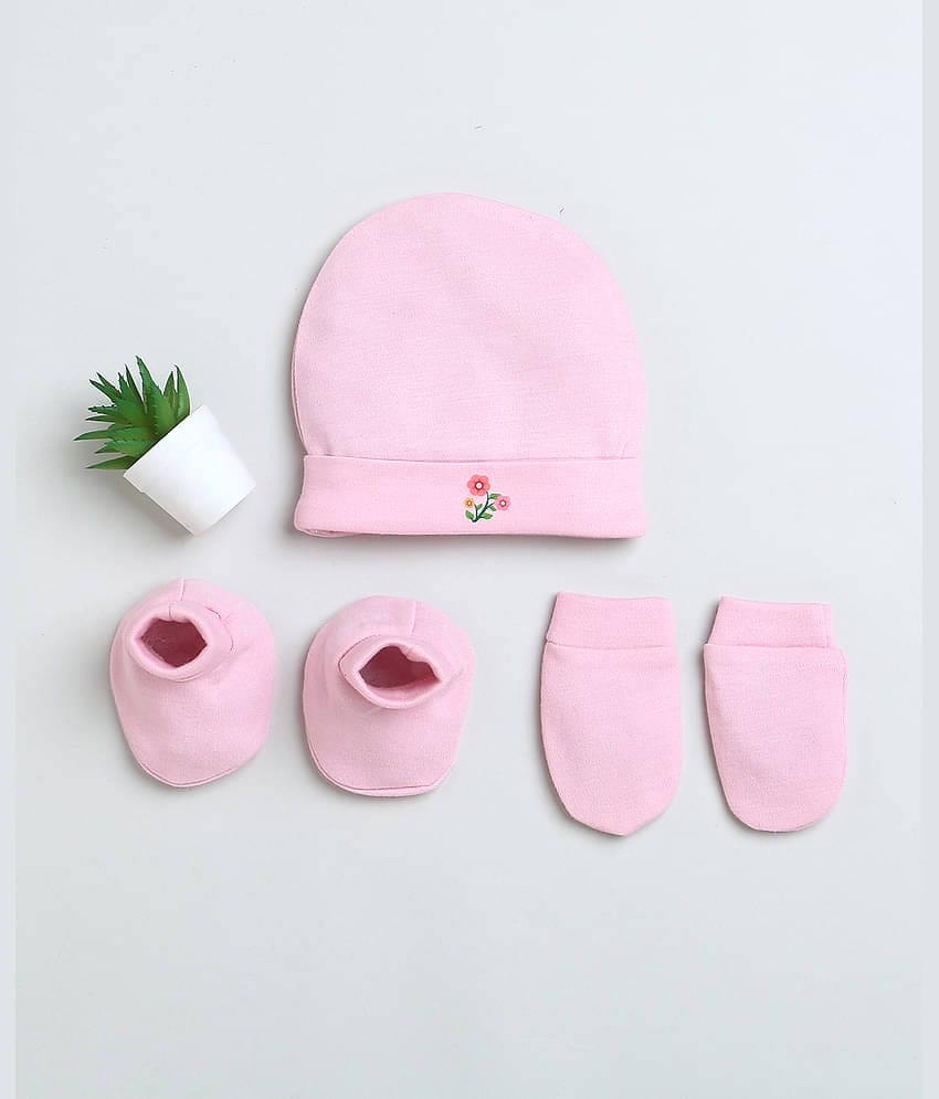 BUMZEE Pink Boys Cotton Cap Mitten Bootie Set Age - 0-3 Months