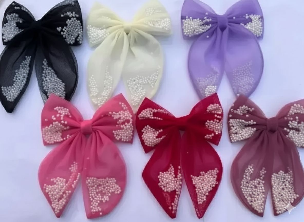 Artful Threads Pearl-Filled Handmade Net Hair Bow | Fancy & Stylish Hair Accessory | Single Piece