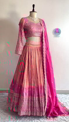 Peach & Pink mirror embroidered tissue georgette lehenga set-L