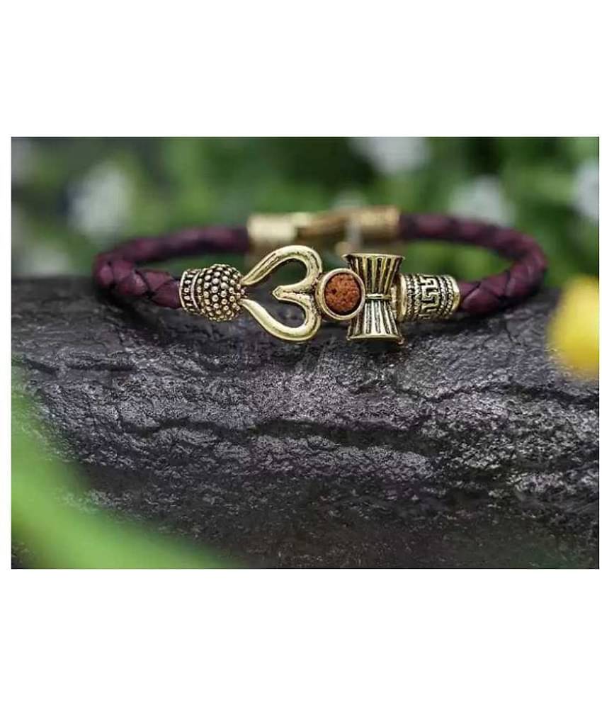 Shivshop Brass, Leather Silver, Gold-plated Kada Bracelet Rudraksha Shiv Trishul Damroo Damru Designer Kada Bracelet Bangle for Women and Men Mahadev Mahakal Bracelet (COMBO OF 2)