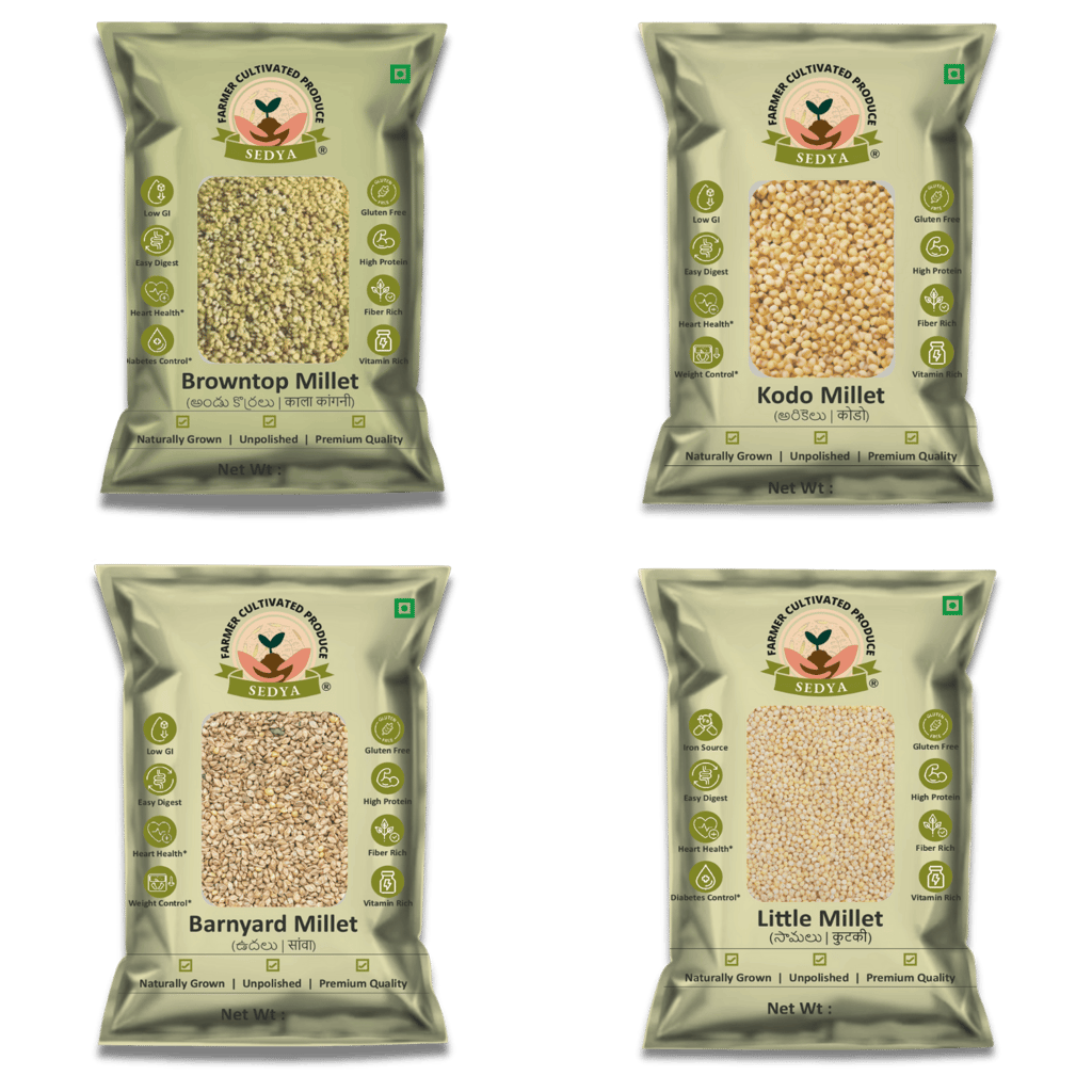 Sedya Four Millet Combo Whole Grains | Browntop Millet 500 g, Barnyard Millet 500 g, Kodo Millet 500 g & Little Millet 500 g (4 Packs) | Certified Low GI | Andu Korralu, Oodalu, Arikelu, Samai | Gluten Free | High Plant Protein & Fiber | Total 2 Kg