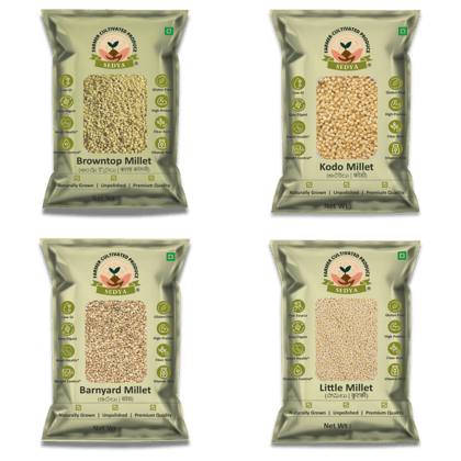 Sedya Four Millet Combo Whole Grains | Browntop Millet 500 g, Barnyard Millet 500 g, Kodo Millet 500 g & Little Millet 500 g (4 Packs) | Certified Low GI | Andu Korralu, Oodalu, Arikelu, Samai | Gluten Free | High Plant Protein & Fiber | Total 2 Kg