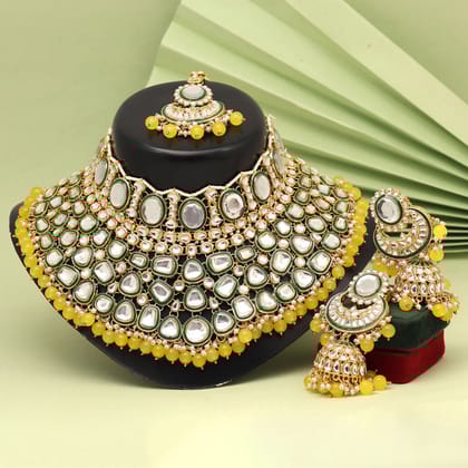 Yellow Color Kundan Necklace Set (KN1345YLW)-Adjustable Rope / Yellow / Alloy With Good Quality Gold Plated