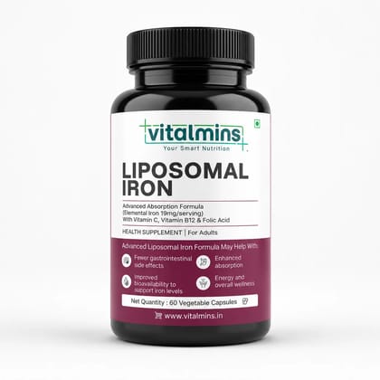 Vitalmins | Your Smart Nutrition | Liposomal Iron | Fewer Gastrointestinal Side Effects | Improved Bioavailability to Support Iron Levels | Enhanced Absorption | Energy and Overall Wellness | Health Supplement for Adults | 60 Veg Capsules