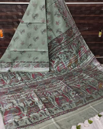 Madhubani Slub Linen Sage Green Saree
