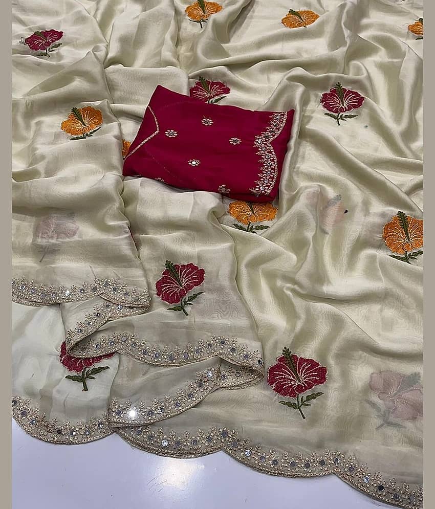 Rangtulika Ethnics Silk Blend Embroidered Regular Saree With Unstitched Blouse Piece ( White )