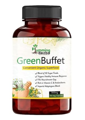 Humming Herbs Green buffet Capsules 500mg | 90 Capsules| Blends of 30 Super like Quercetine Cordyceps Spirulina alfalfa Ashwgandha seabuck thorn Acai berry Goji Berry and milk thistle