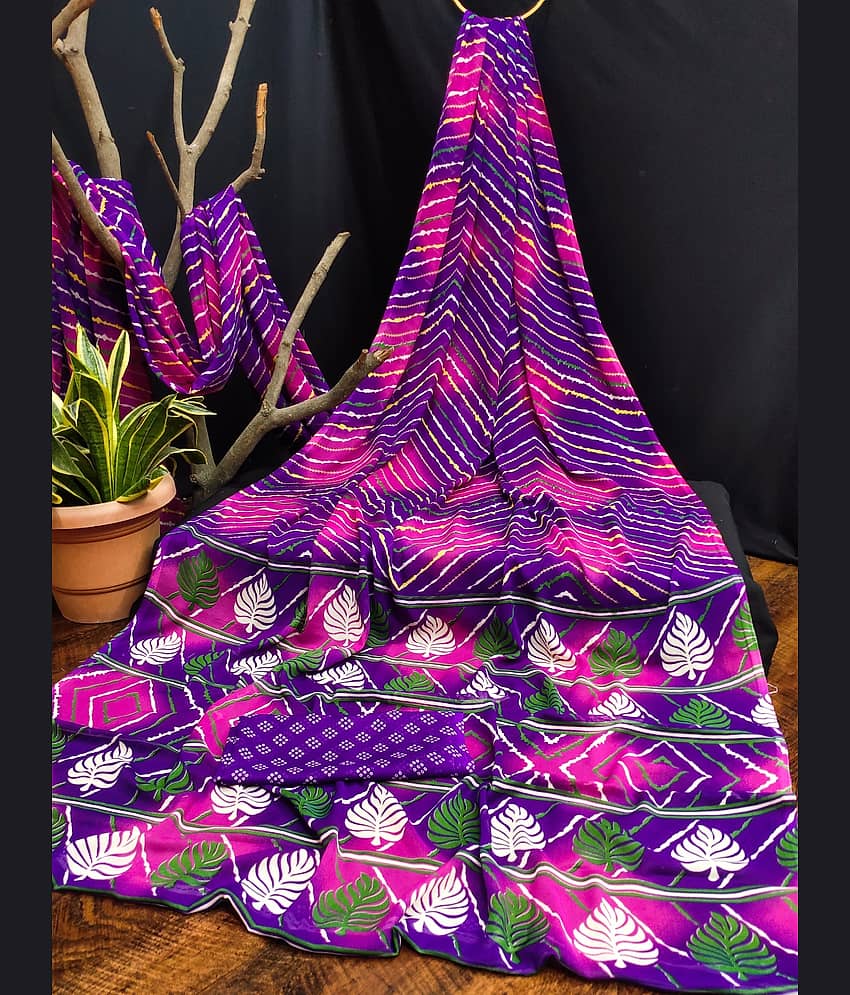 Kanooda Prints Georgette Printed Saree With Unstitched Blouse Piece ( Purple )