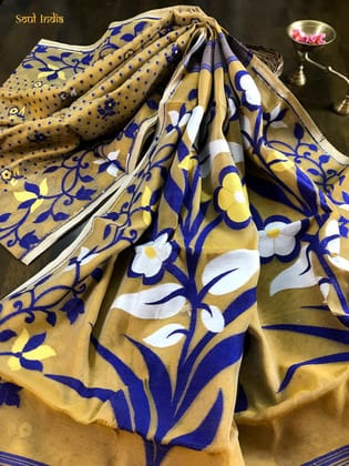Jamdani Saree with Floral work - Mustard Yellow