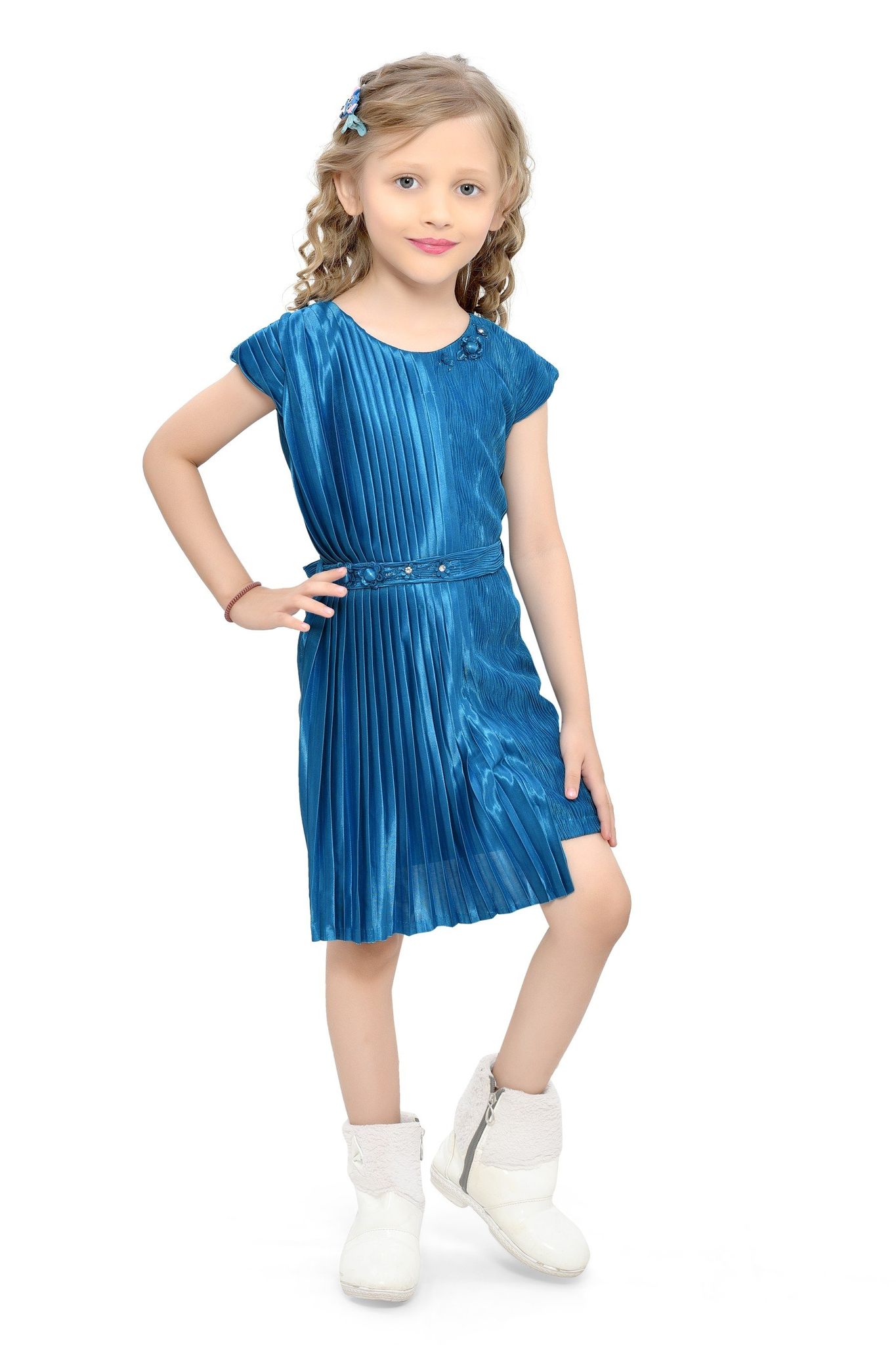 Be:kids Blue Twirl Girls' Pleated Dress with Metallic Belt and Floral Hair Accessory