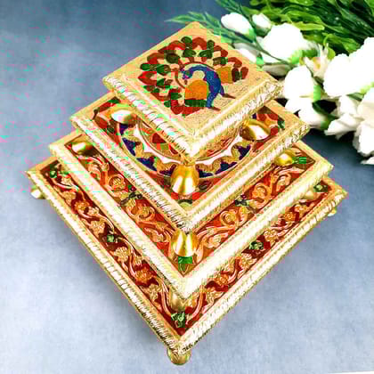 Pooja Chowki Set | Wooden Bajot Choki  - For Puja, Festival & Home Decor - 4,6,8,10 Inch (Pack of 4)-Design 1