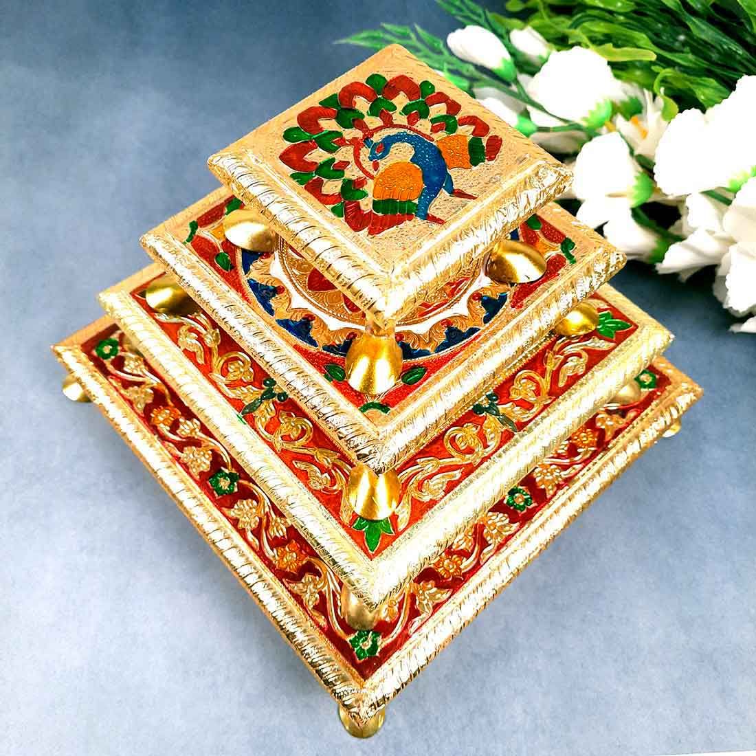 Pooja Chowki Set | Wooden Bajot Choki  - For Puja, Festival & Home Decor - 4,6,8,10 Inch (Pack of 4)-Design 1