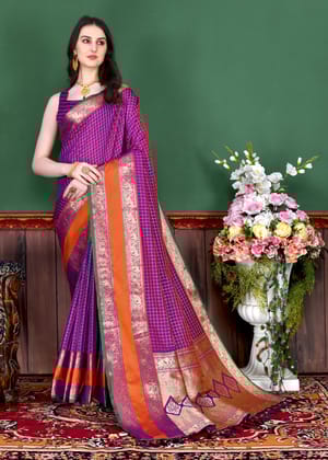 Yavira silk Women's Purple Checked Jacquard Saree