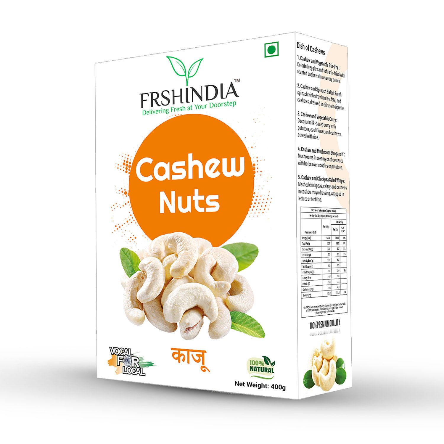 FRSHINDIA Pure Cashews Whole, Kaju, 400g, Nutritious & Delicious Cashews (400 g)