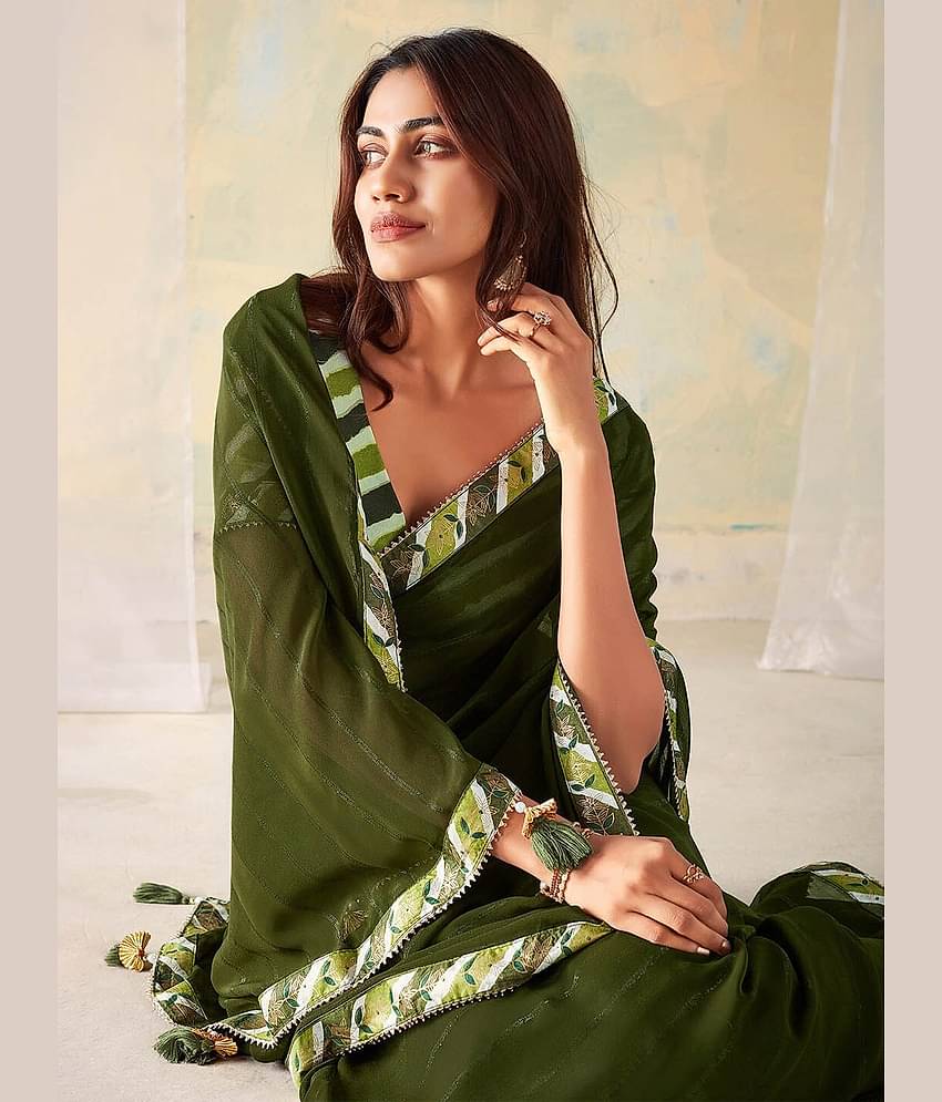 Gazal Fashions Georgette Printed Saree With Unstitched Blouse Piece ( Green )