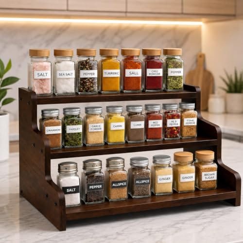 SAFAK 3 Tier Wooden Kitchen Organizer Rack for Countertop