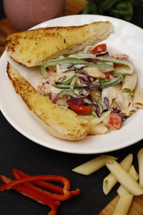 Chicken good food white sauce pasta with veggies