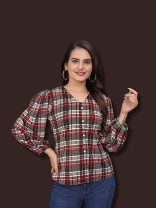 owo the label checked printed top for women puff sleeve red tops (OTLTPS2006)-M