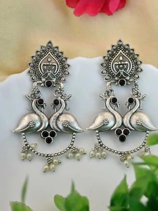 Antique Silver-Plated Peacock Dangler Earrings with Intricate Design | Sarichka-Black